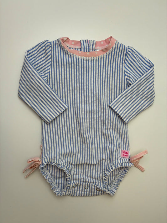 Ruffle Butts Swimsuit - Blue Seersucker + Polka Dot Ruffles | size 6 - 12 Months