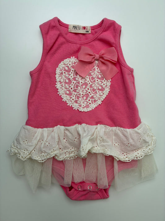 MaeLi Rose Onesie - Pink Tulle + Eyelet Skirt | size 6 - 9 Months