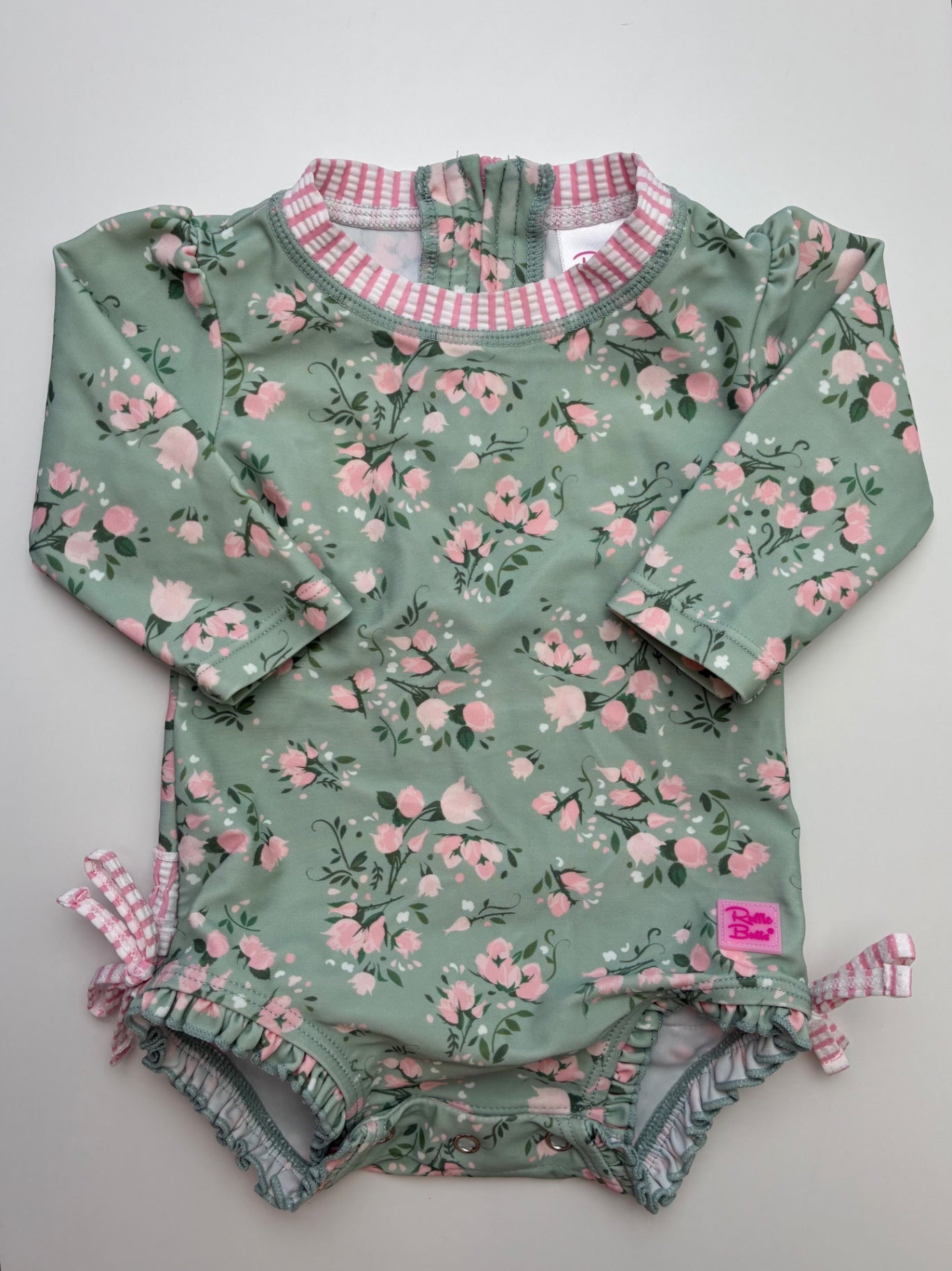 Ruffle Butts Swimsuit - Green Floral + Seersucker Ruffles | size 3 - 6 Months