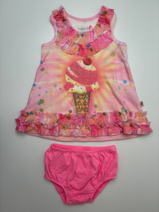 Kids Ink 2 Piece Ensemble - Pink Ice Cream Dress w/ Tulle Ruffles + Bloomers | size 6 - 12 Months