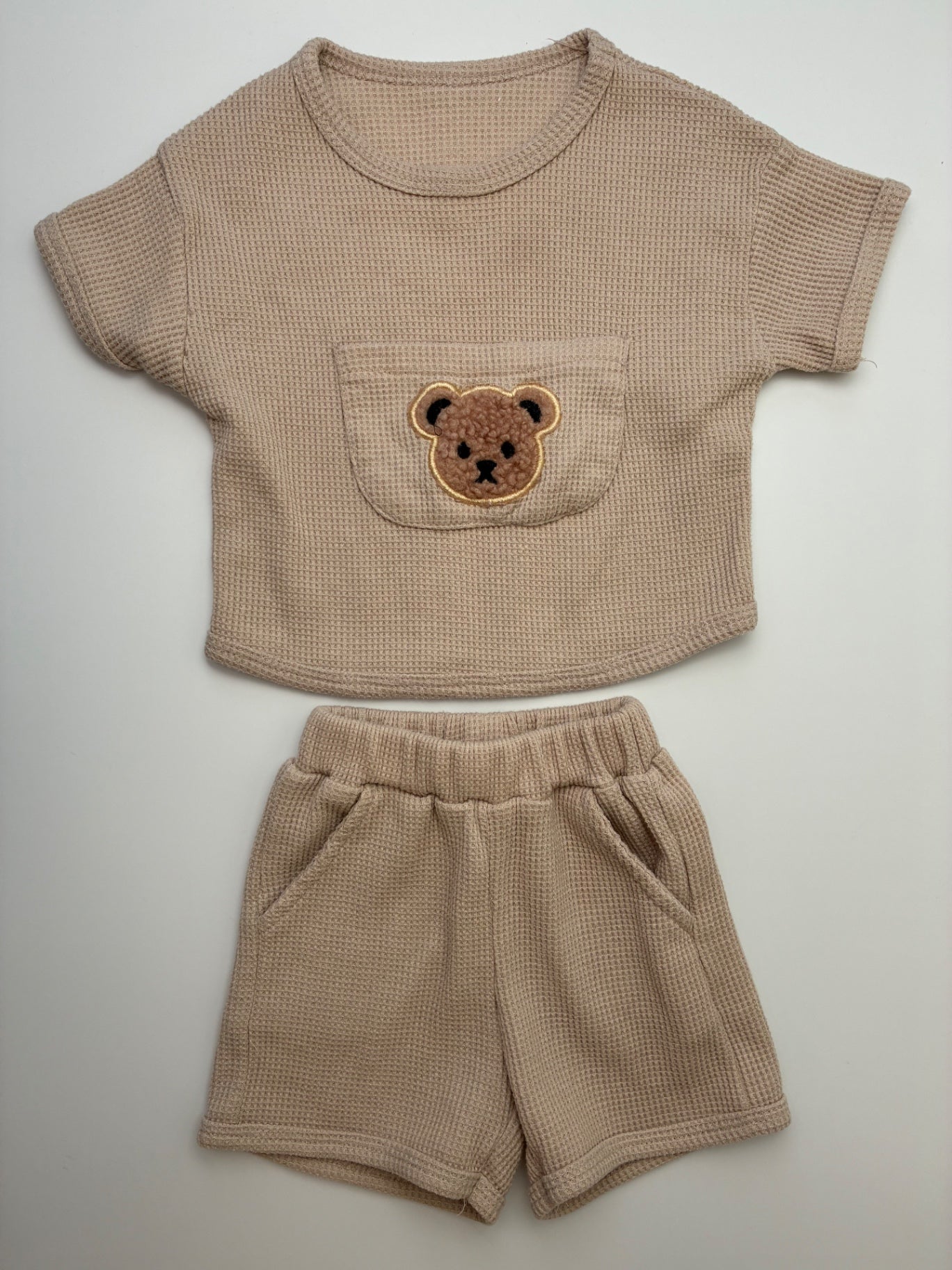 Dandelion Kids 2 Piece Ensemble - Tan Waffle Knit Bear T-Shirt + Shorts | size 3 - 6 Months