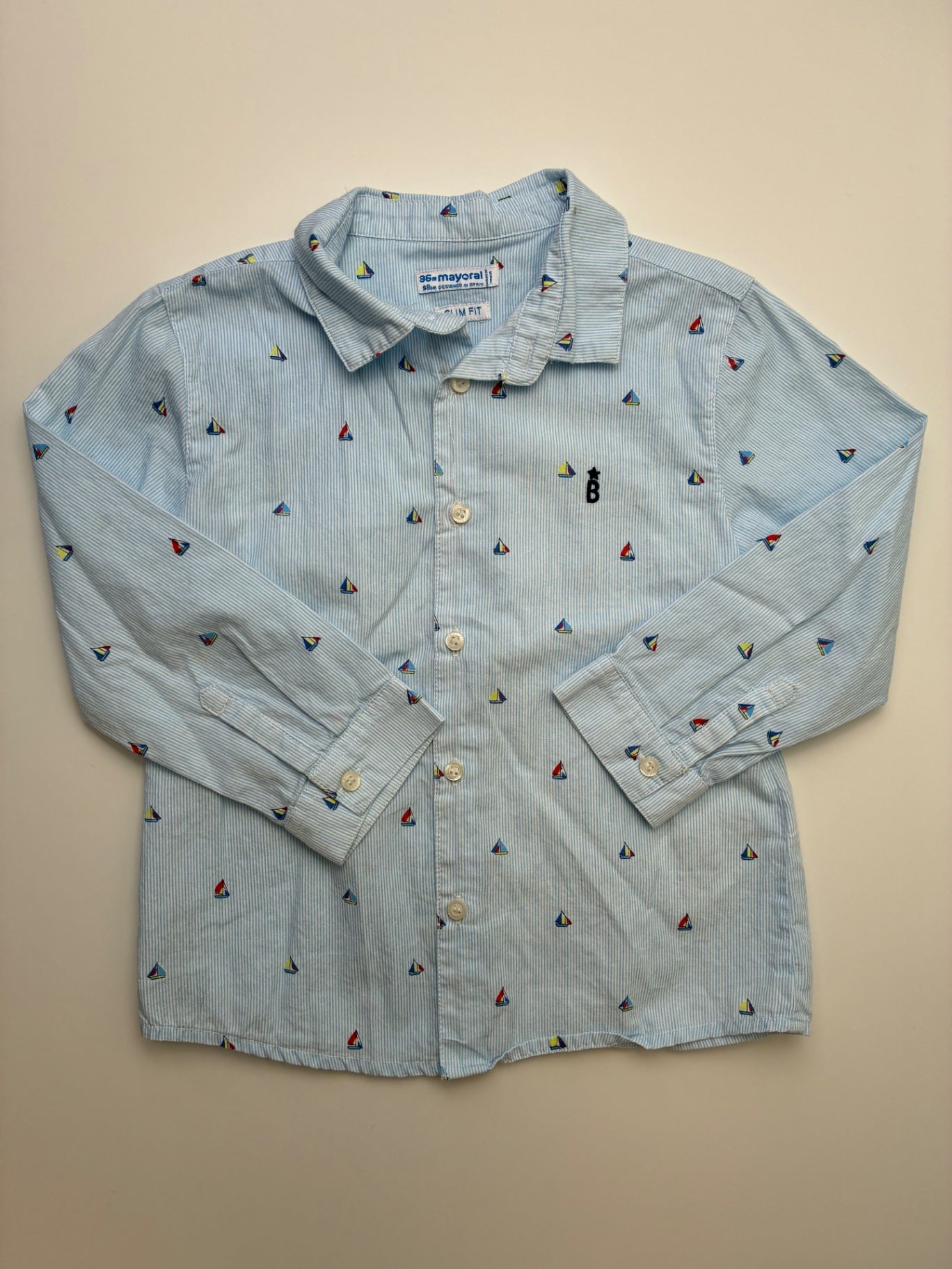 Mayoral Shirt - Blue Sailboats + Stripes Slim Fit Button Up | size 3T