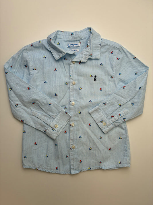 Mayoral Shirt - Blue Sailboats + Stripes Slim Fit Button Up | size 3T