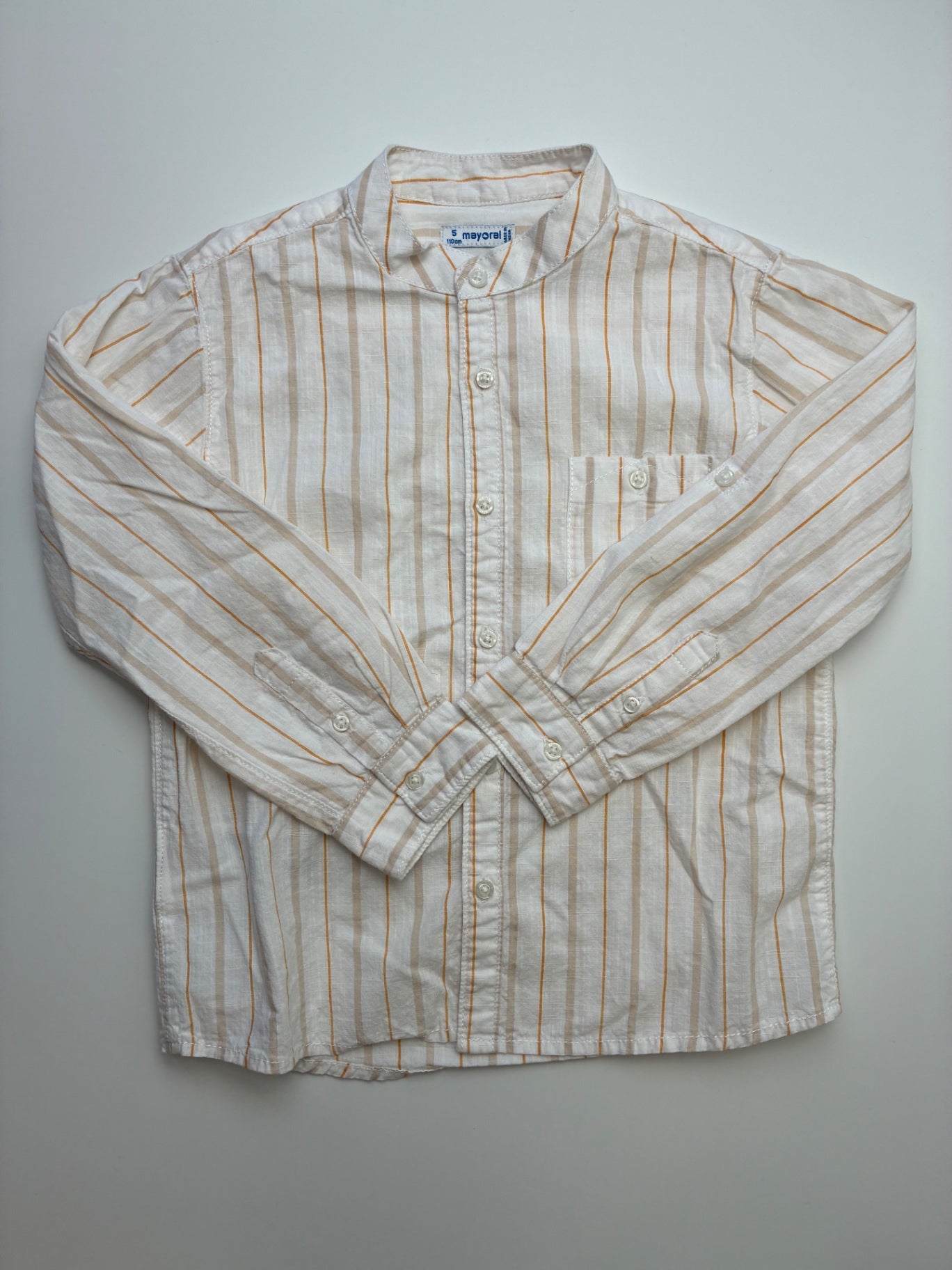 Mayoral Shirt - Cream Collarless Striped Button Up | size 5T