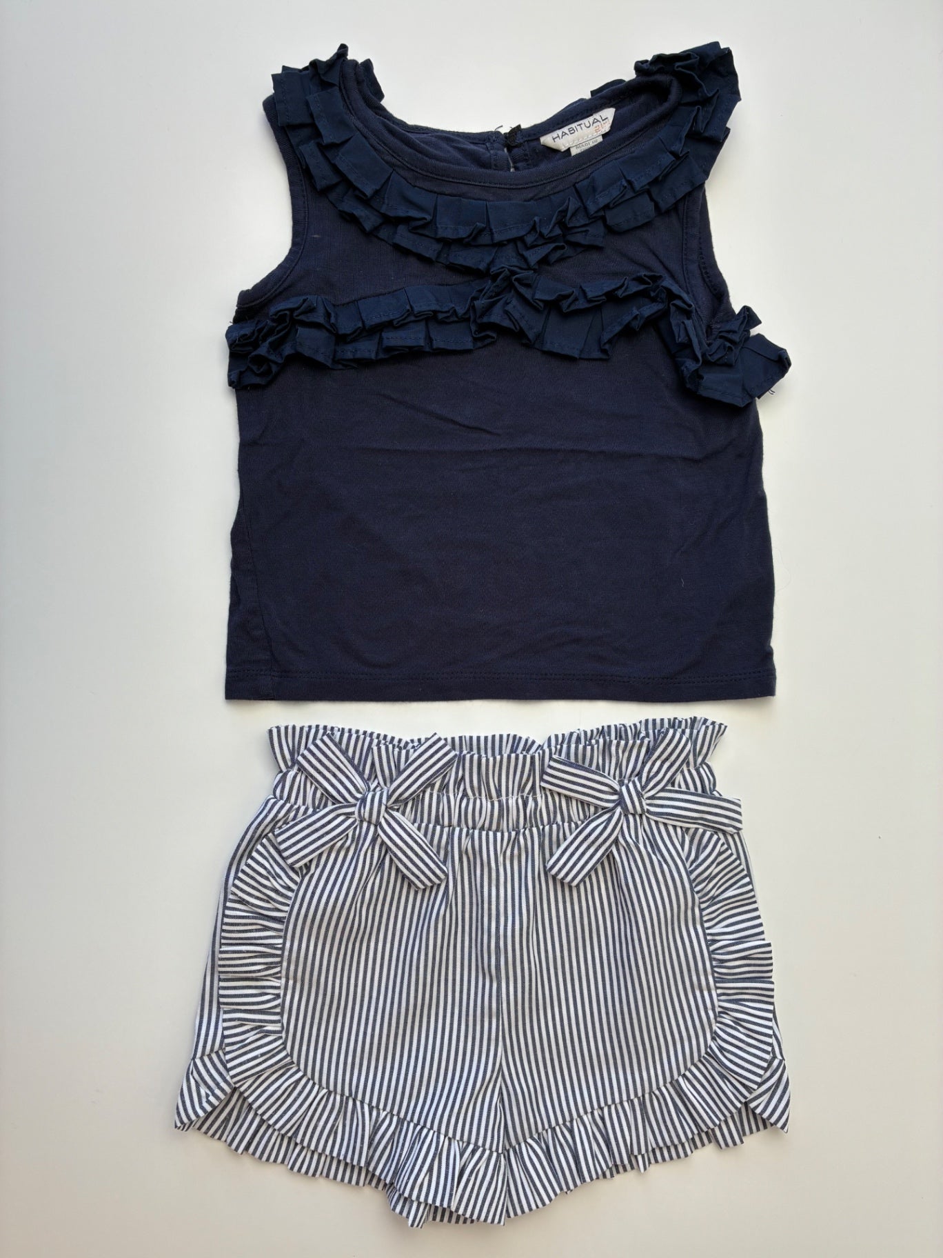 Habitual 2 Piece Ensemble - Navy Blue Ruffle Tank Top + Seersucker Shorts | size 2T