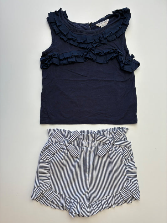 Habitual 2 Piece Ensemble - Navy Blue Ruffle Tank Top + Seersucker Shorts | size 2T