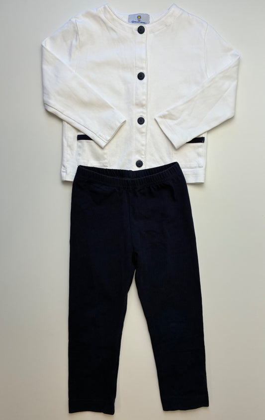 Florence Eiseman 2 Piece Ensemble - White/Navy Long Sleeve Button Up + Leggings | size 4T