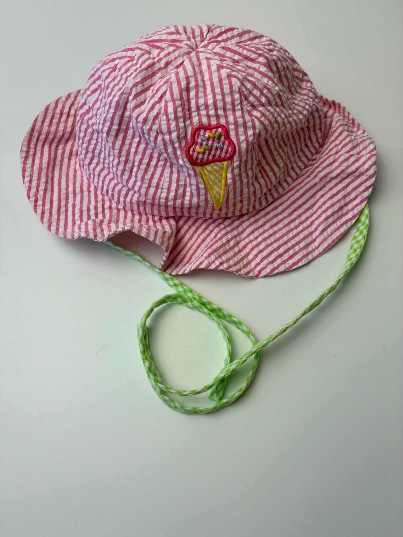 Florence Eiseman Hat - Pink Ice Cream Seersucker Sun Hat | size 12 - 24 Months