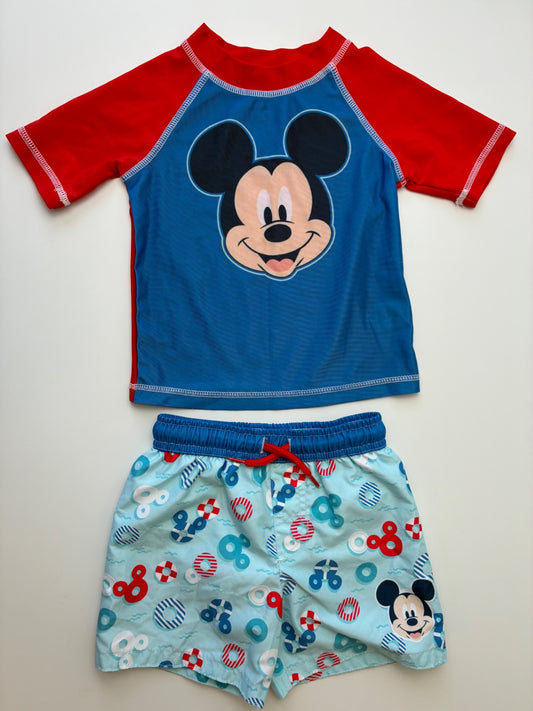 Disney 2 Piece Ensemble - Blue Mickey Mouse Swim Shirt + Inner Tube Swim Trunks | size 18 Months