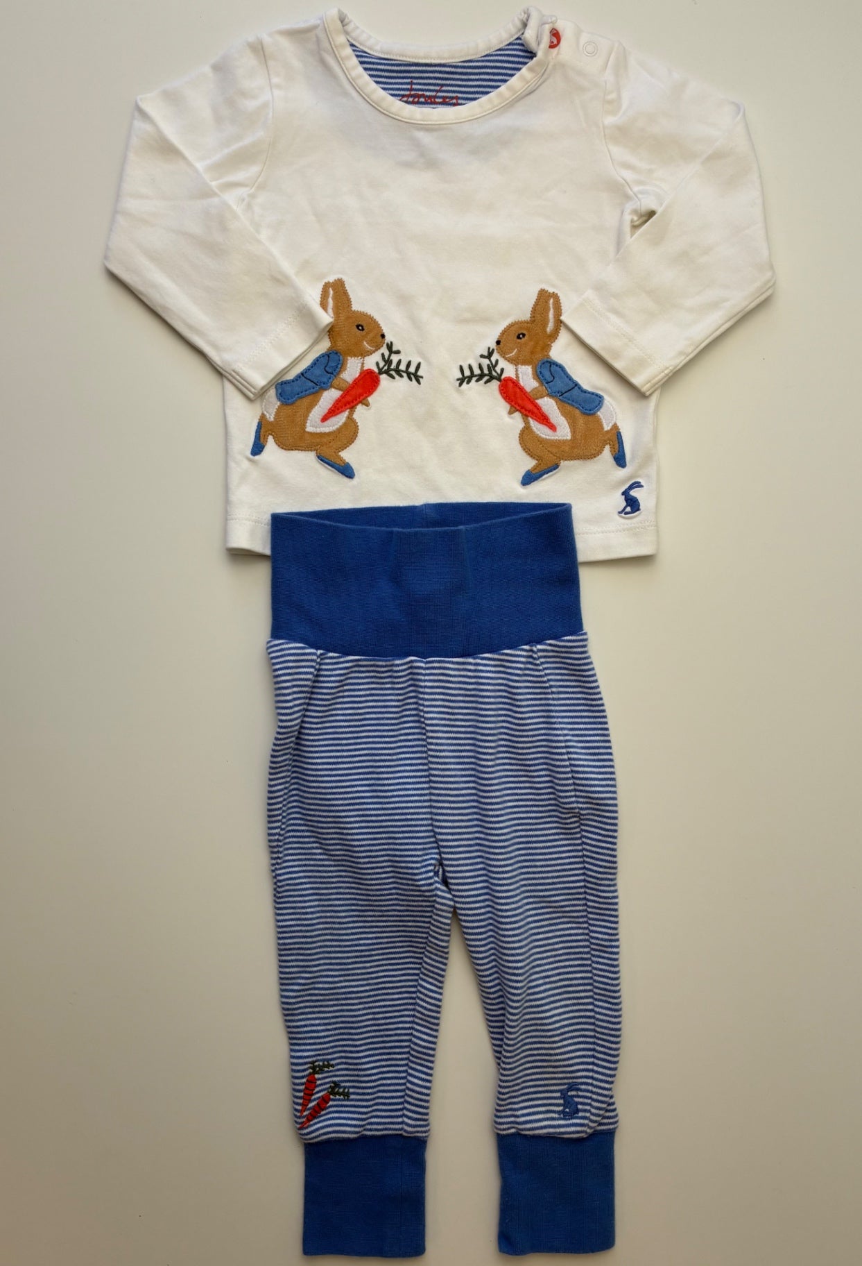 Joules 2 Piece Ensemble - White Peter Rabbit Long Sleeve + Striped Leggings | size 6 - 9 Months