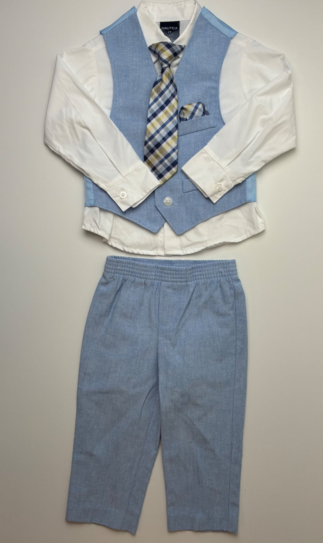 Nautica 3 Piece Ensemble - Blue Vest, Button Up, Pants + Tie + Handkerchief | size 2T