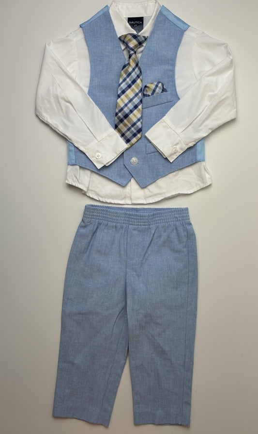 Nautica 3 Piece Ensemble - Blue Vest, Button Up, Pants + Tie + Handkerchief | size 2T