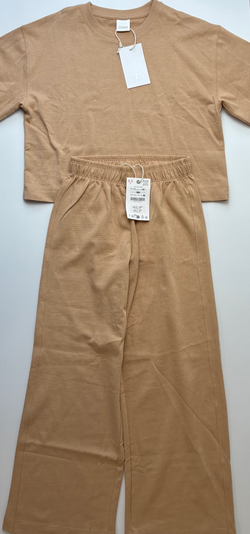 Zara 2 Piece Ensemble - Tan T-Shirt + Wide Leg Pants | size 11/12