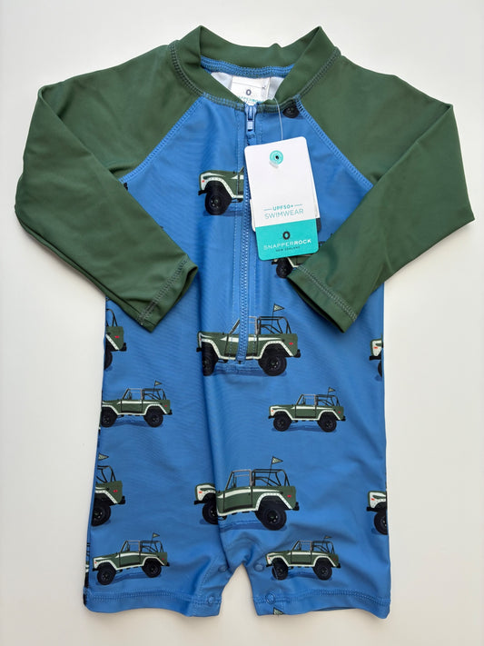 Snapperrock Swimsuit - Blue Safari Truck Sunsuit UPF 50+ | size 6 - 12 Months