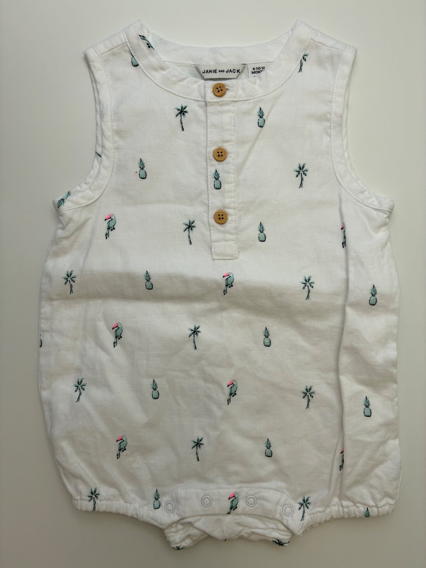 Janie and Jack Onesie - White Sleeveless Palm Trees + 100% Cotton | size 6 - 12 Months