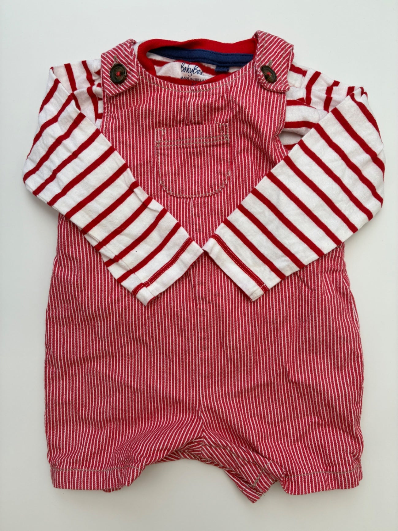 Baby Boden 2 Piece Ensemble - Red Striped Shortalls + Striped Long Sleeve | size 3 - 6 Months