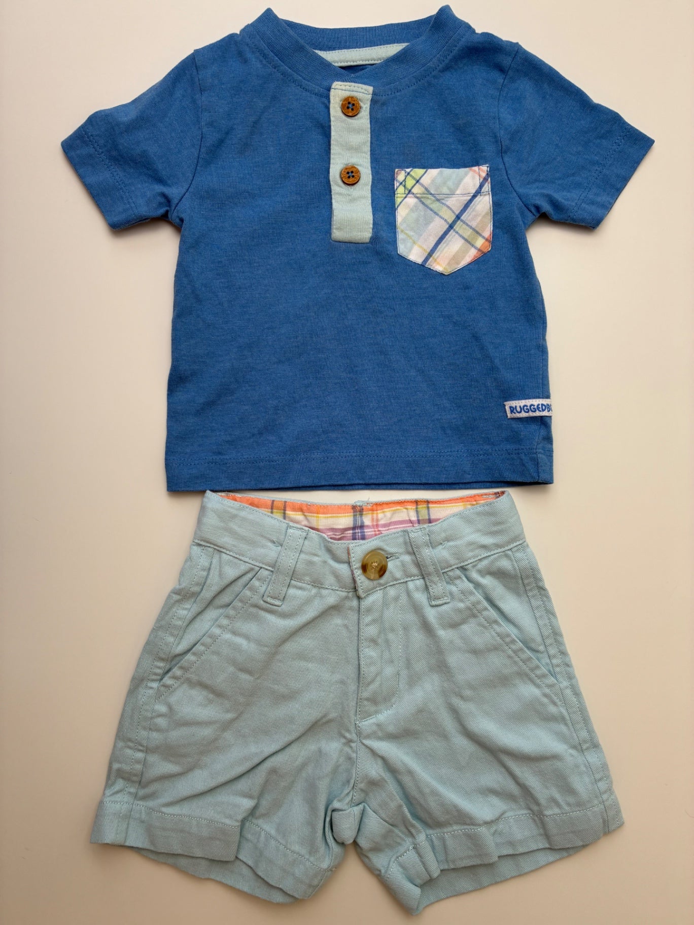 Rugged Butts 2 Piece Ensemble - Blue Short Sleeve Henley + 100% Cotton Shorts | size 3 - 6 Months