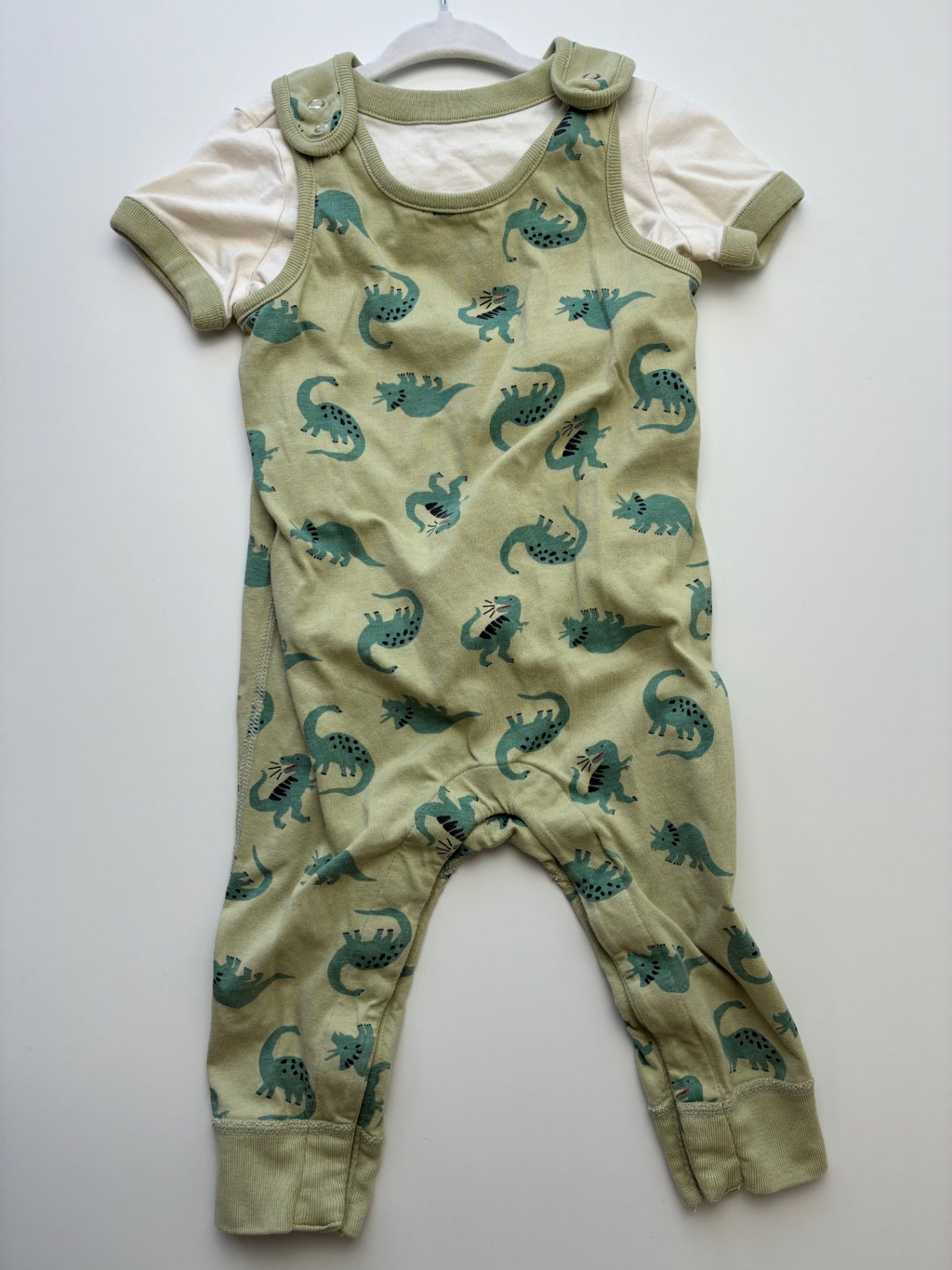 Hanna Andersson 2 Piece Ensemble - Green Dinosaur Baby T-Shirt + Overall Set | size 18 - 24 Months