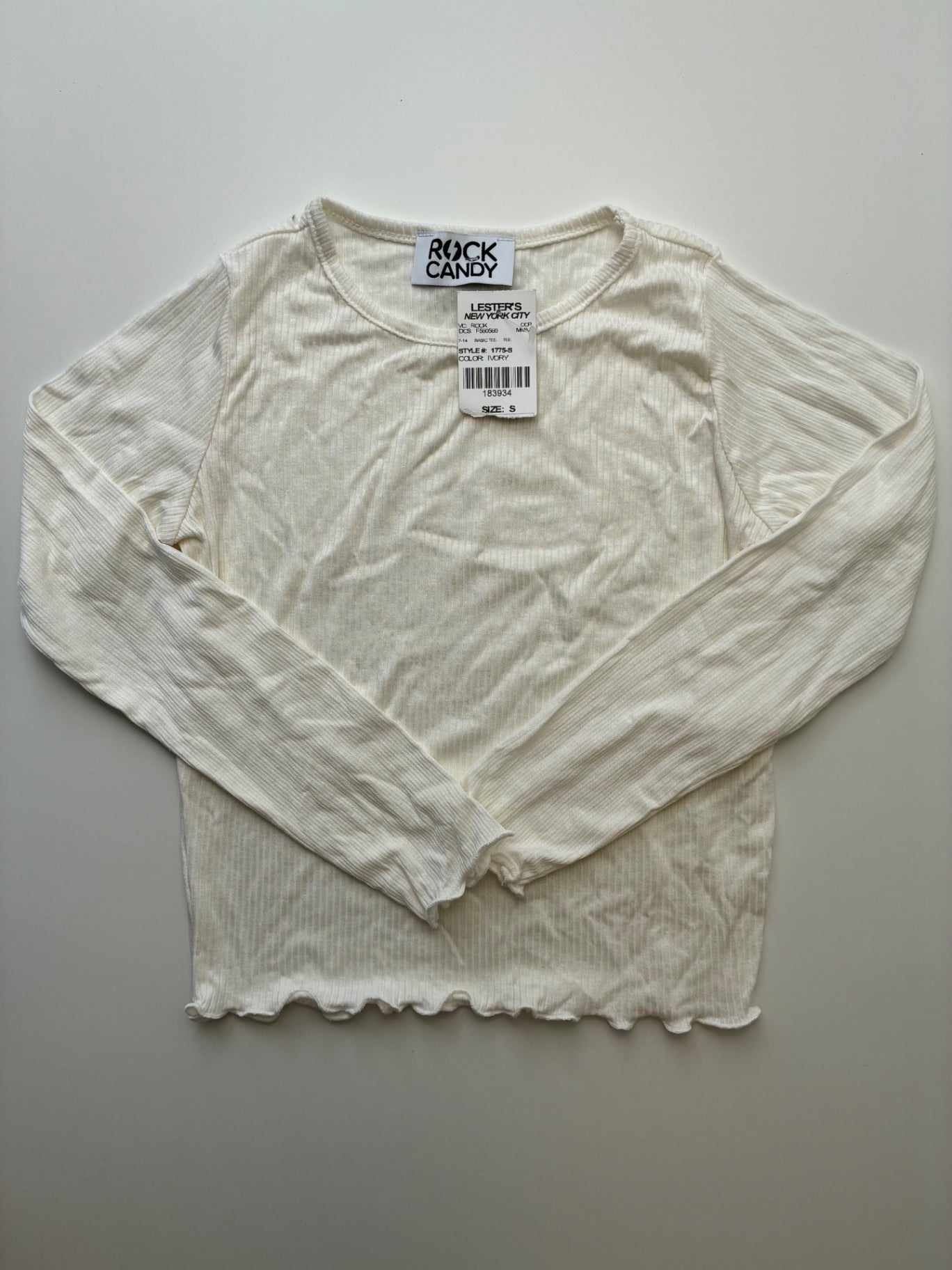 Rock Candy Long Sleeve T-Shirt - White Ribbed Lettuce Hem | size 5T/6
