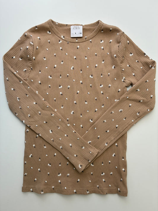Zara Long Sleeve T-Shirt - Brown Flowers Ribbed | size 9