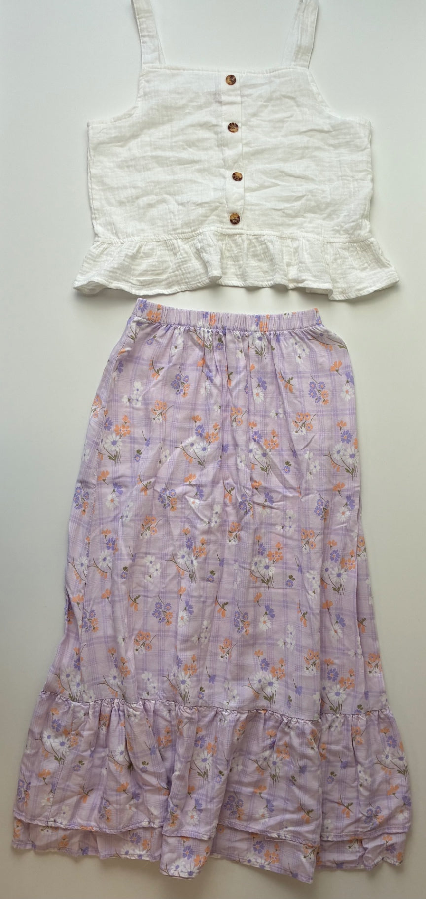 Paisley Lane 2 Piece Ensemble - White Textured Tank Top + Floral Maxi Skirt | size 12