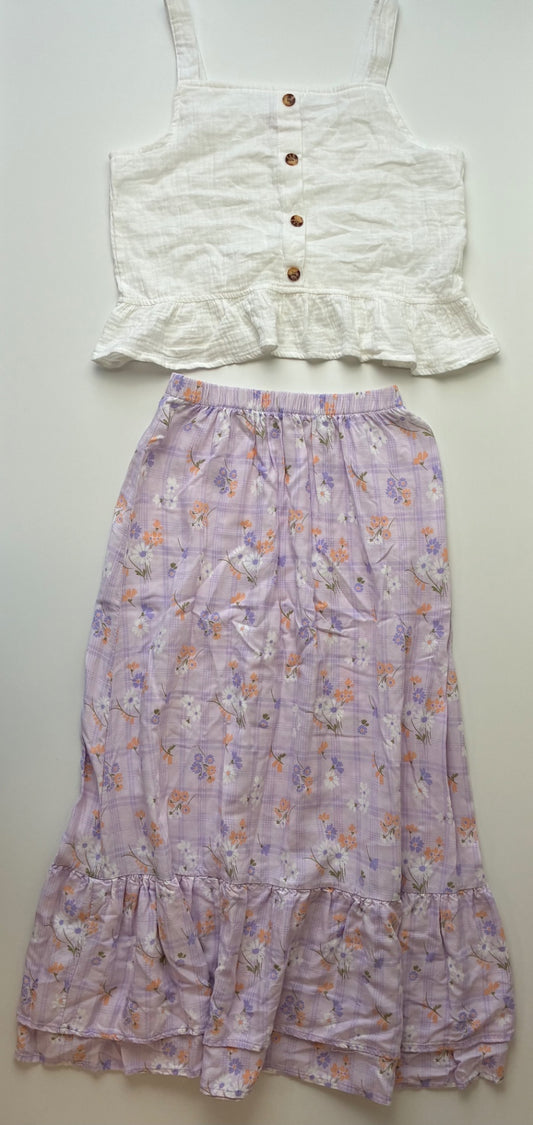 Paisley Lane 2 Piece Ensemble - White Textured Tank Top + Floral Maxi Skirt | size 12