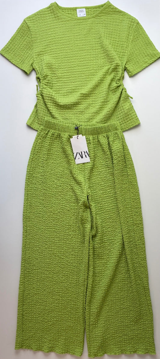 Zara 2 Piece Ensemble - Green Textured Short Sleeve + Wide Leg Pants | size 10