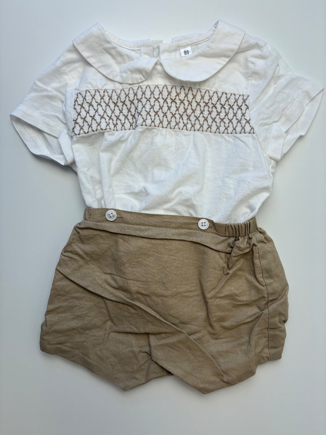 Two Flower 2 Piece Ensemble - White Smocked Bobbie Suit | size 12 - 18 Months
