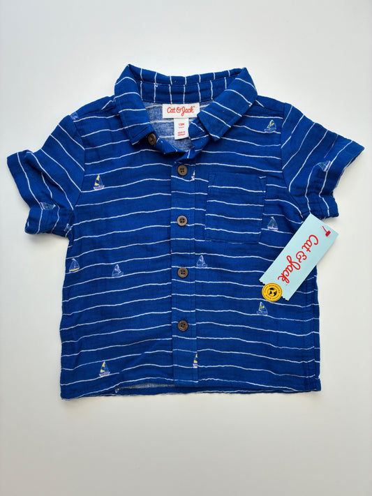 Cat & Jack Shirt - Blue Striped Short Sleeve Button Up | size 12 Months
