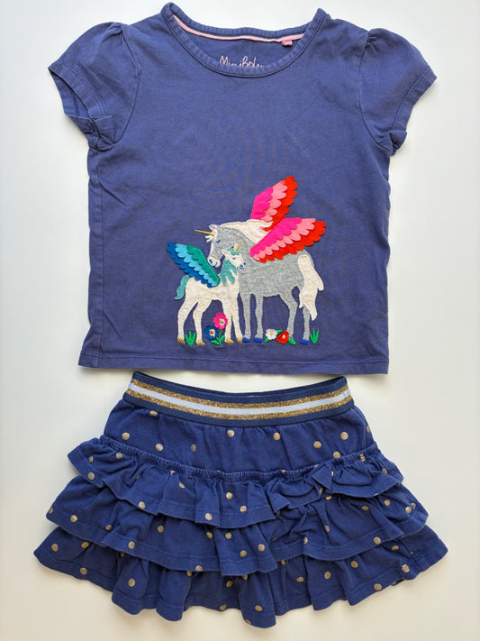 Mini Boden 2 Piece Ensemble - Blue Unicorn T-Shirt + Polka Dot Skirt | size 3T/4T