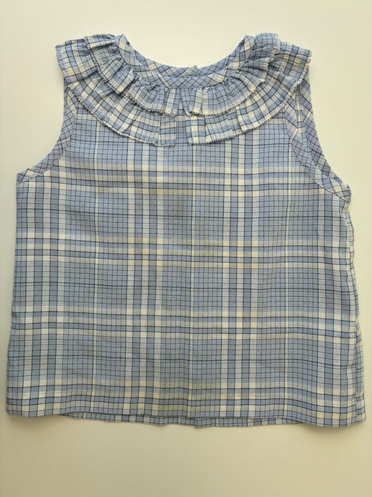 Maison Me Shirt - Blue Sleeveless Plaid Blouse + Ruffle Collar | size 4T