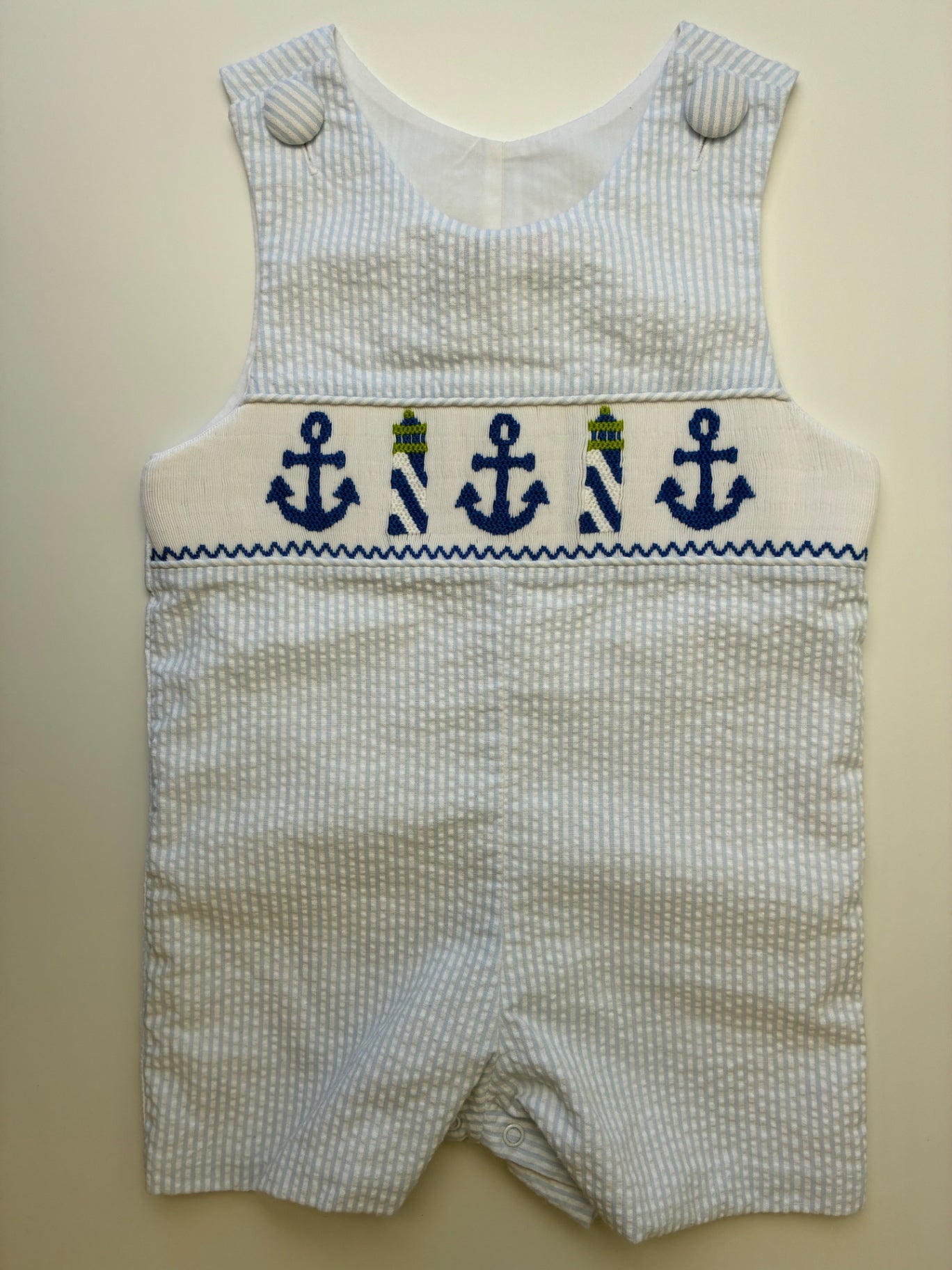 Banana Split Onesie - Blue Seersucker Smocked Anchor | size 18 Months