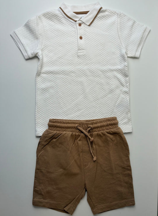 Next US 2 Piece Ensemble - White Textured Polo + Shorts 100% Cotton | size 5T/6