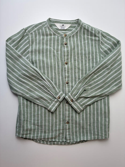 H&M Shirt - Green Striped Band Collar Button Up | size 6