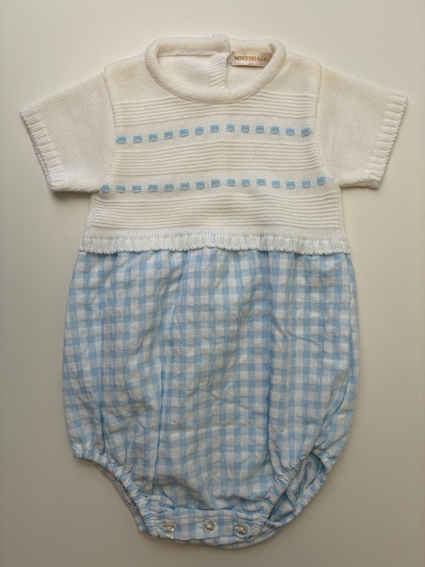 Mintini Onesie - Blue Knit + Gingham Bubble | size 6 Months