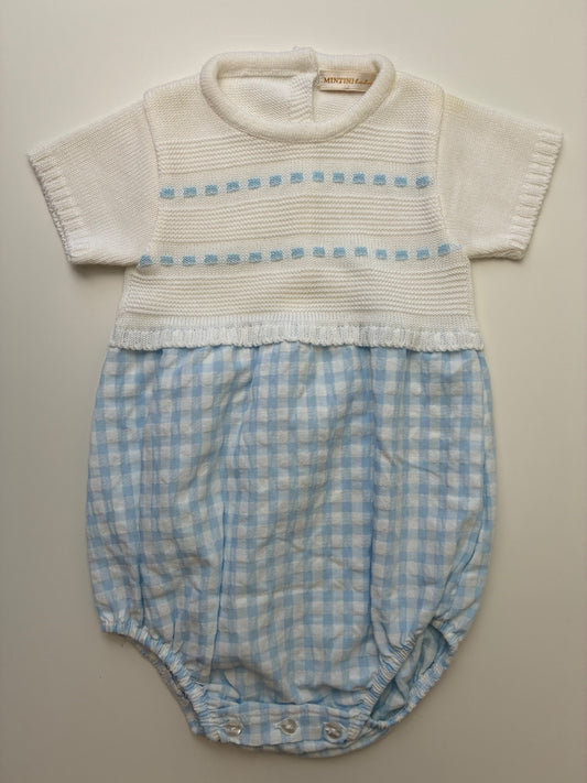 Mintini Onesie - Blue Knit + Gingham Bubble | size 6 Months
