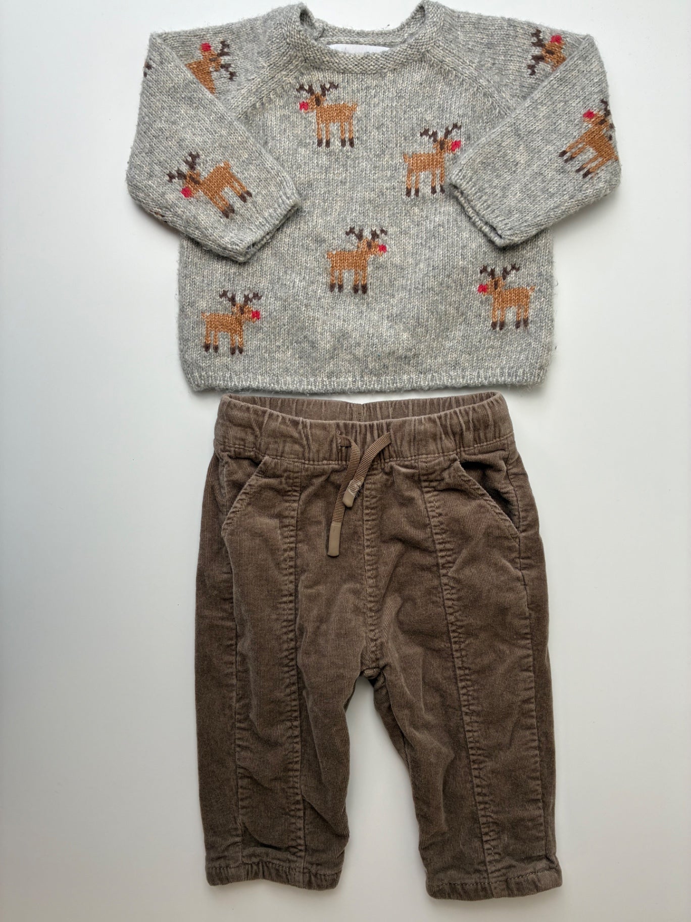 Zara 2 Piece Ensemble - Gray Reindeer Sweater + Corduroy Pants | size 3 - 6 Months