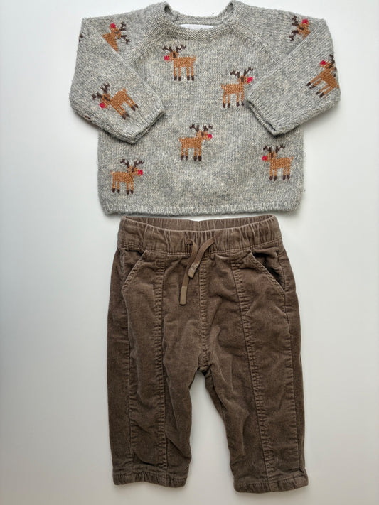 Zara 2 Piece Ensemble - Gray Reindeer Sweater + Corduroy Pants | size 3 - 6 Months