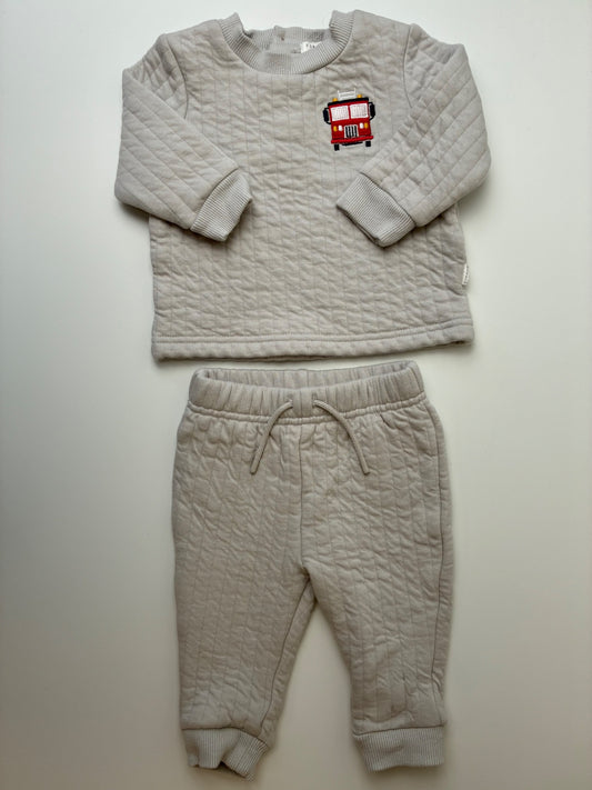 FIRSTS by Petit Lem 2 Piece Ensemble - Gray Quilted Firetruck Crew Neck + Joggers | size 6 Months