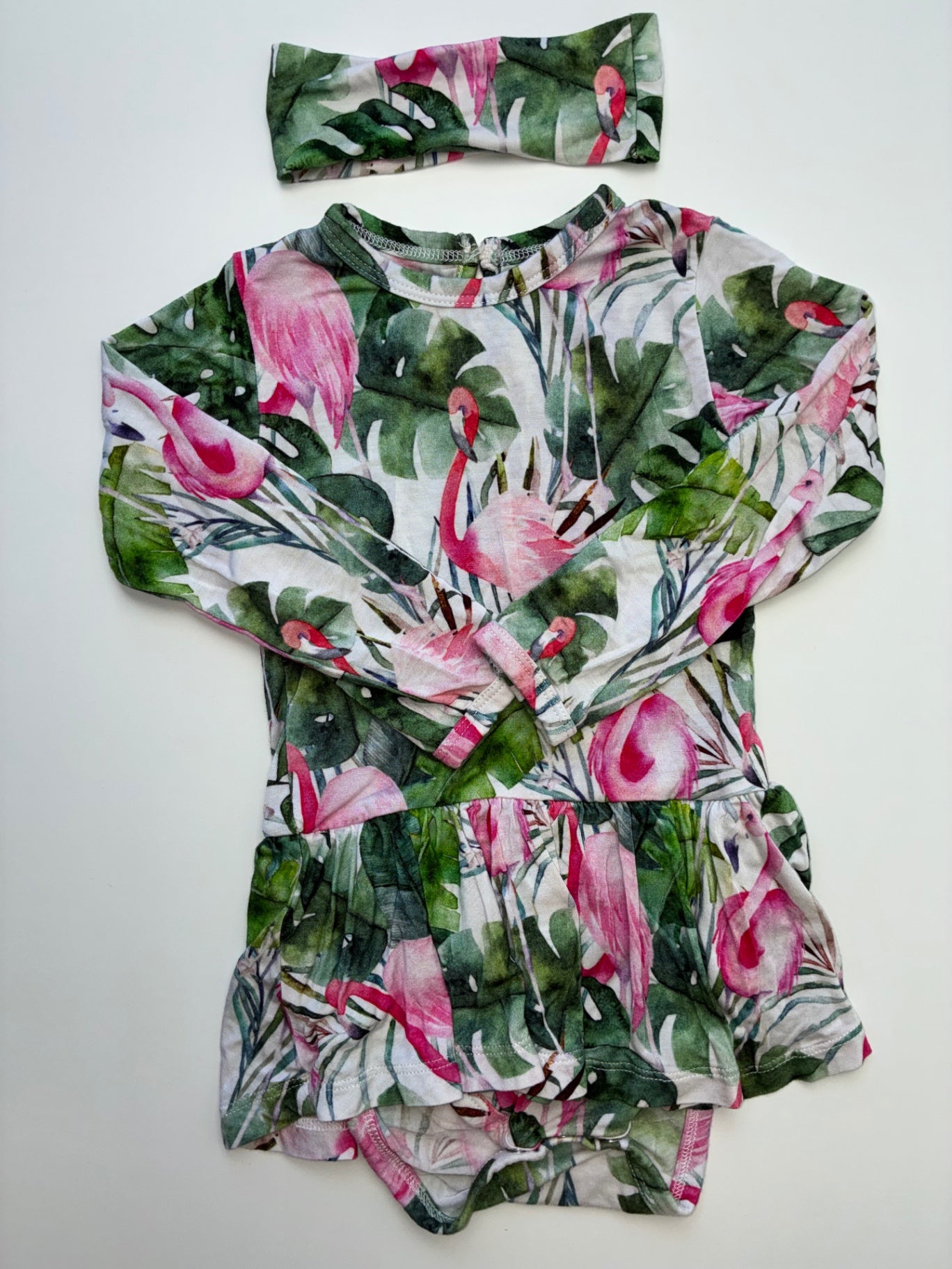 Little Bum Bums Onesie - Green Flamingo Pattern + Headband | size 12 - 18 Months