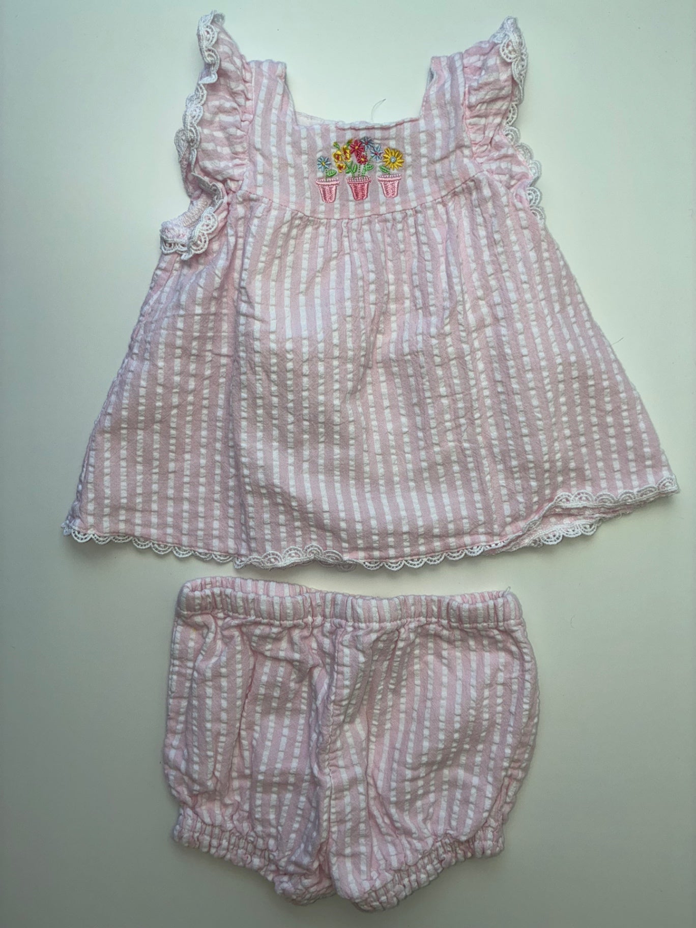 Little Me 2 Piece Ensemble - Pink Seersucker Dress + Shorts | size 6 Months