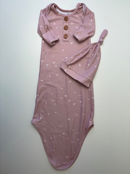 Caden Lane Onesie - Pink Heart Knotted Gown + Hat | size Newborn