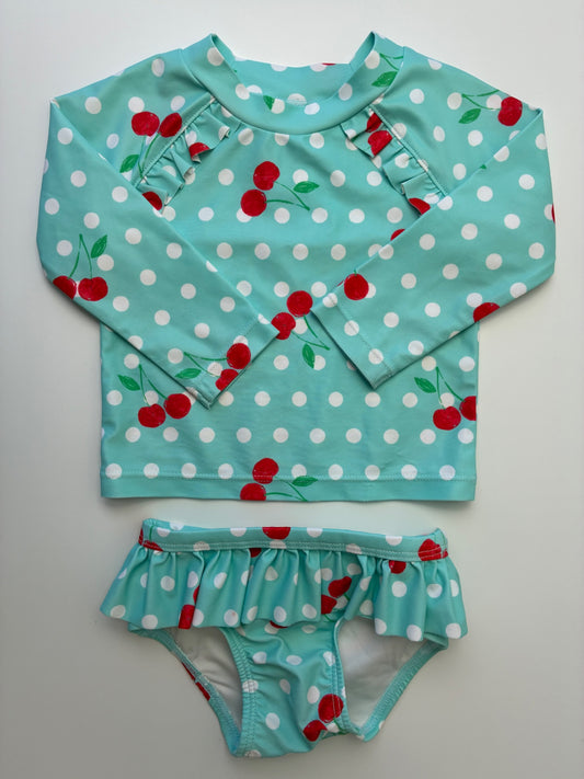 Tucker + Tate Swimsuit - Blue Polka Dot Cherry Rash Guard + Bikini Bottoms | size 6 Months