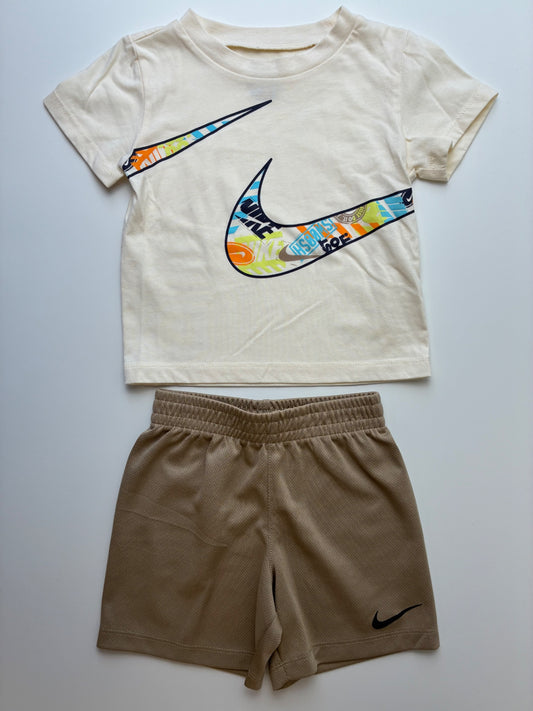Nike 2 Piece Ensemble - Cream Graphic Tee + Mesh Shorts | size 24 Months