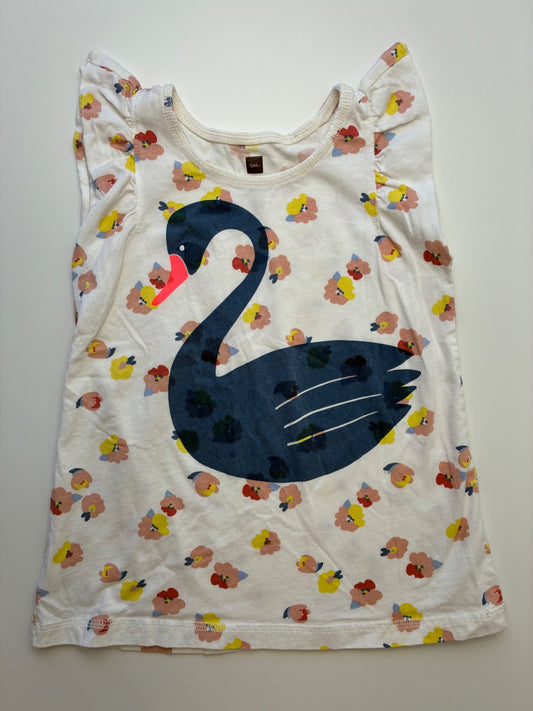 Tea T-Shirt - White Flowers + Swan Flutter Sleeve | size 5T