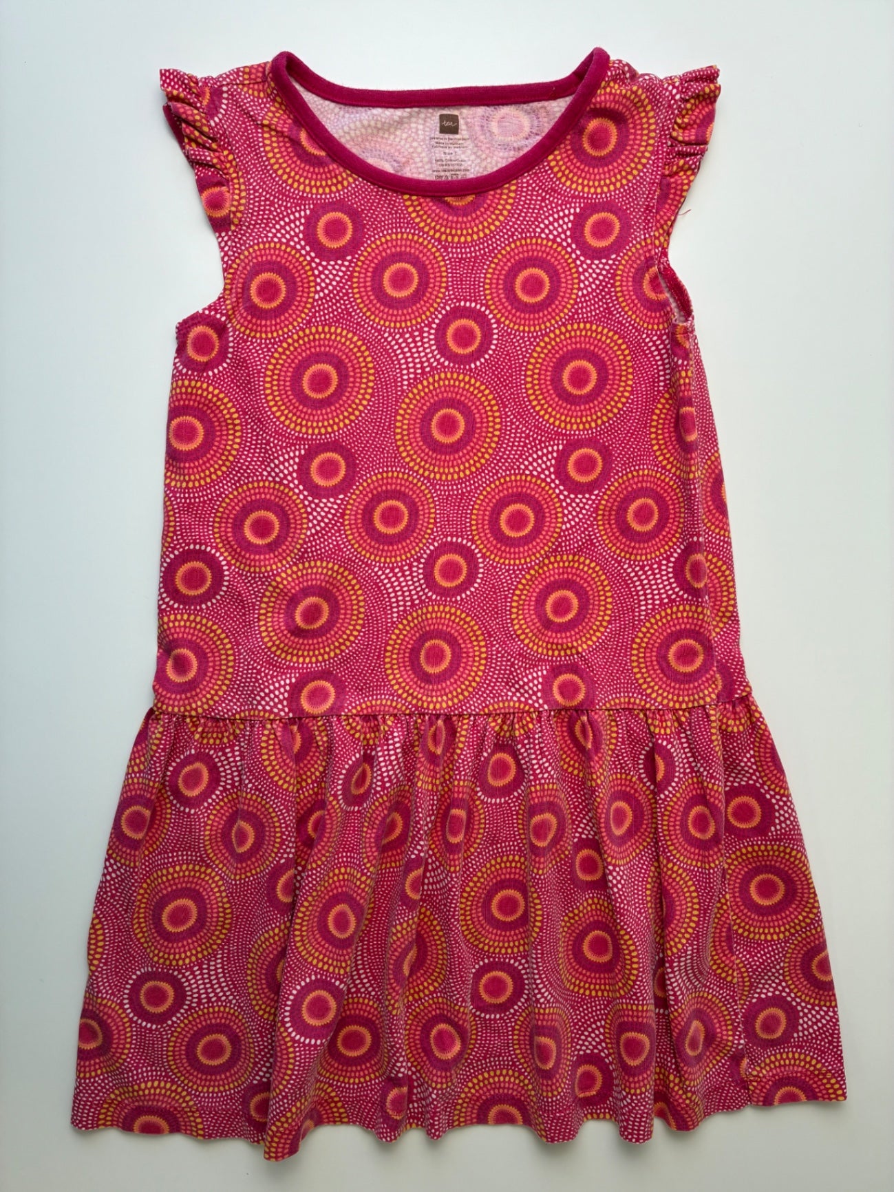 Tea Dress - Pink Circle Pattern Flutter Sleeve | size 7