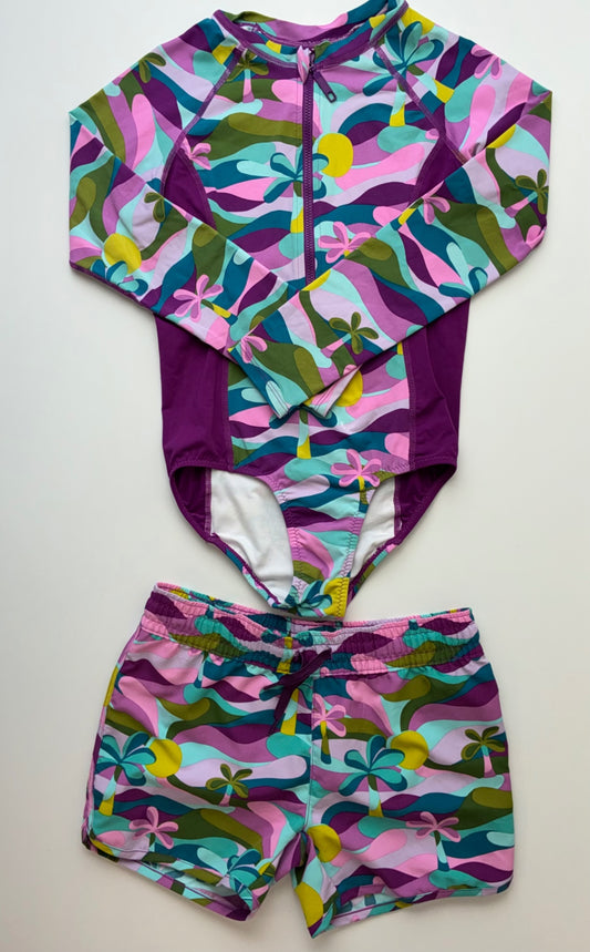 Garnet Hill Swimsuit - Purple Abstract Rashguard One Piece + Board Shorts | size 8