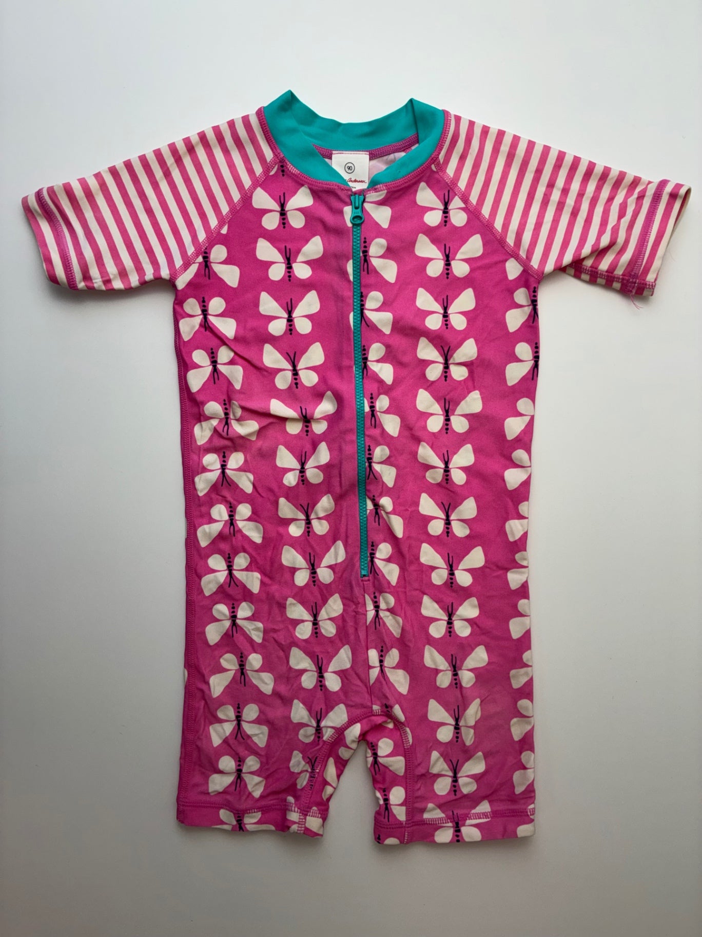 Hanna Andersson Swimsuit - Pink Striped + Butterflies Rashguard One Piece | size 3T