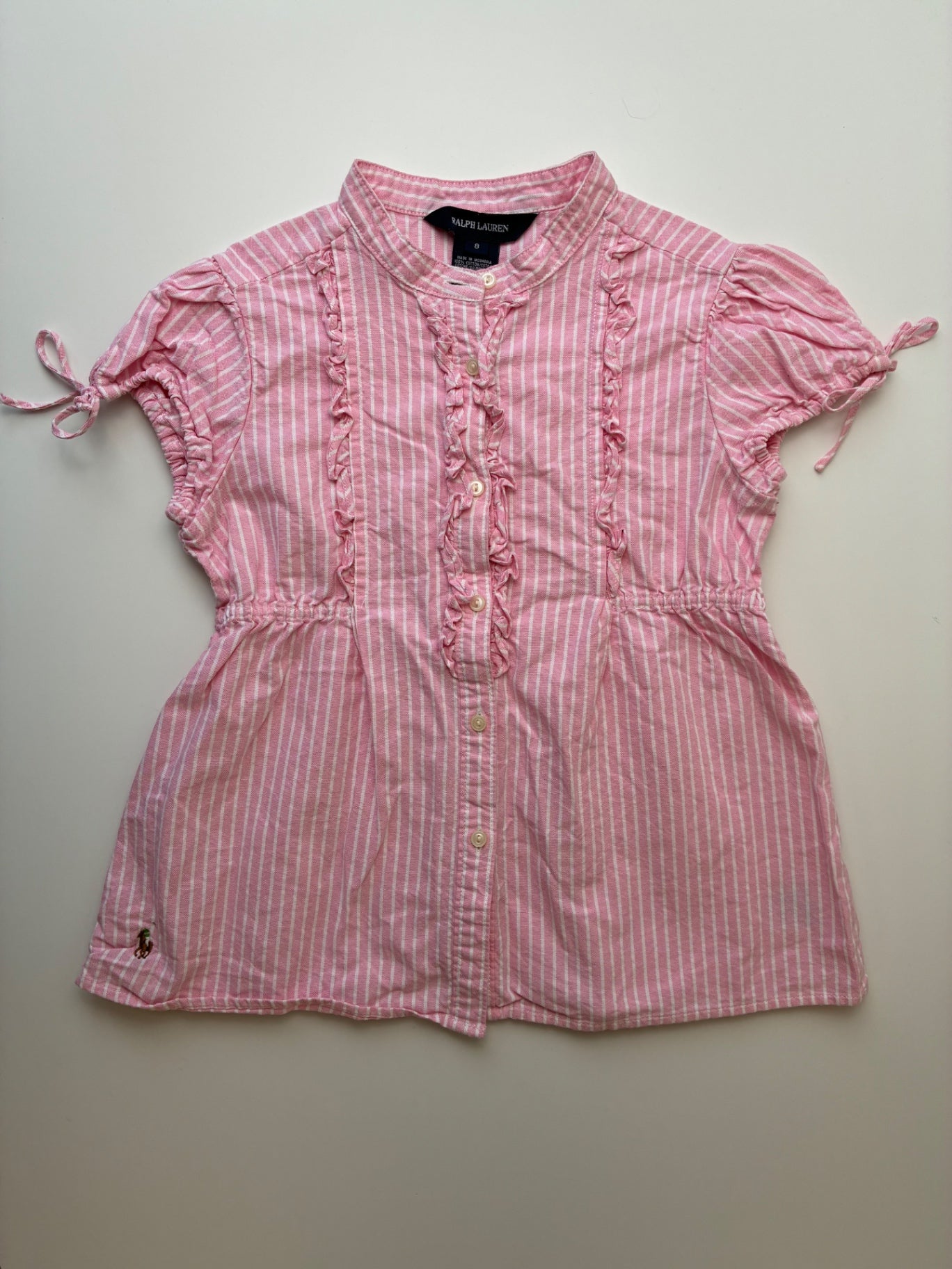 Ralph Lauren Shirt - Pink Striped Ruffle Button Up | size 8