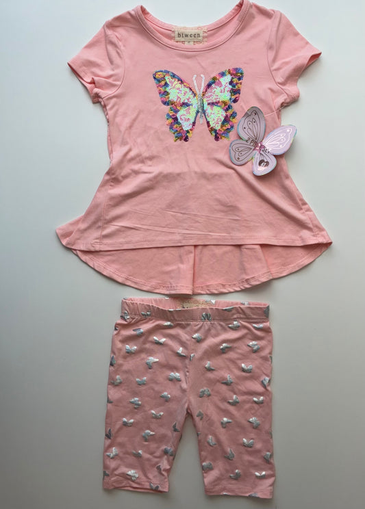 Btween 2 Piece Ensemble - Pink Sequin Butterfly Pepum + Metallic Leggings | size 4T